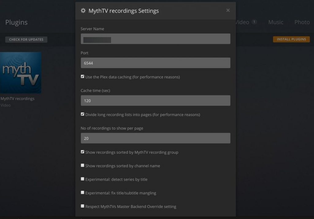 MythTV Plex Settings