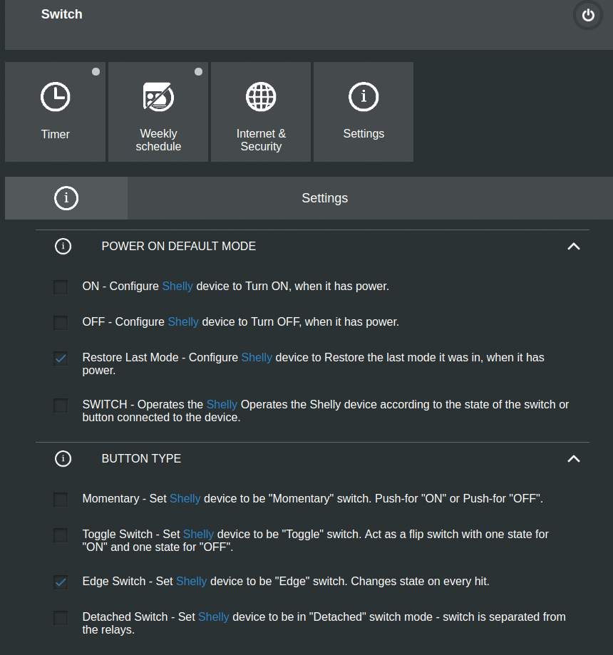 Web Interface for Power settings