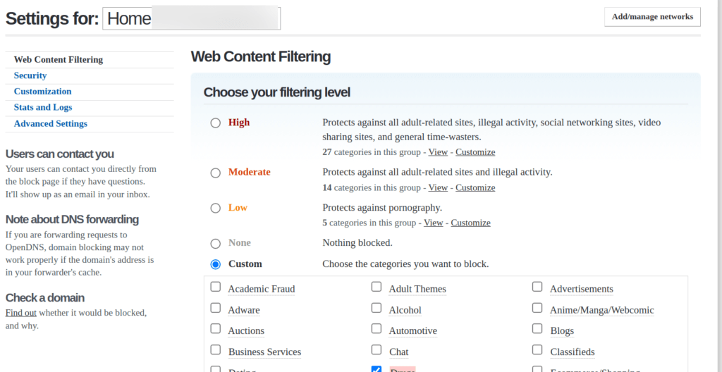 OpenDNS Web Filter Settings
