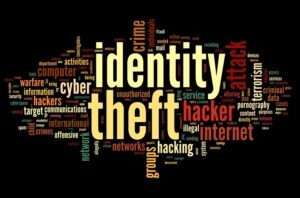 Identiry theft concept in word tag cloud isolated on black background with lots of other words relating to personal cybersecurity