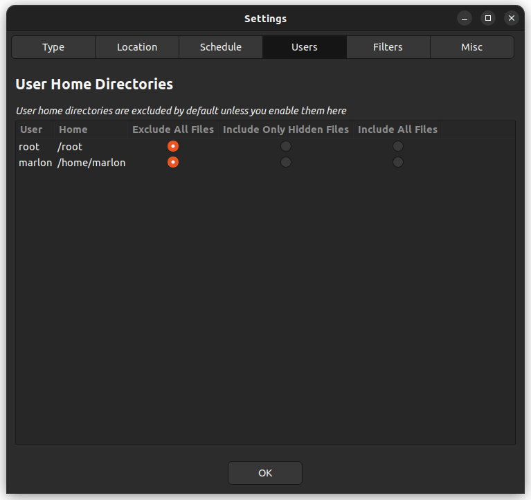 home Directory selection Timeshift wizard