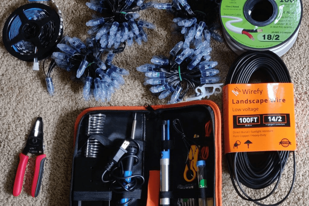 LED tools and lights including soldering iron, wires, and LED strings