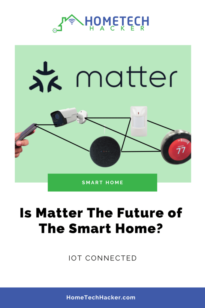 Matter logo and interconnected smart devices pinterest pin