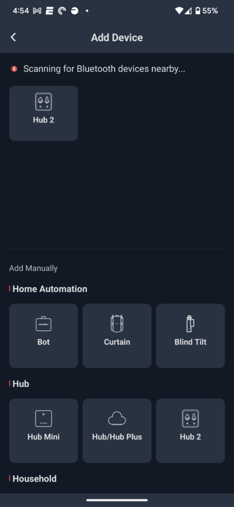 adding the switchbot hub 2 inside the app