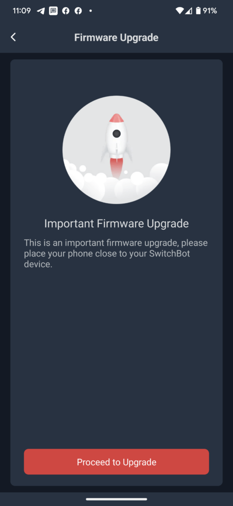 SwitchBot Hub 2 Firmware upgrade prompt screen