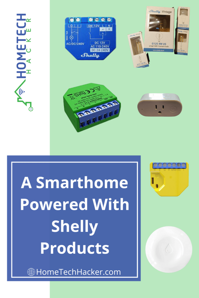 Shelly products in a collage for a smarthome powered with shelly pinterest pin image