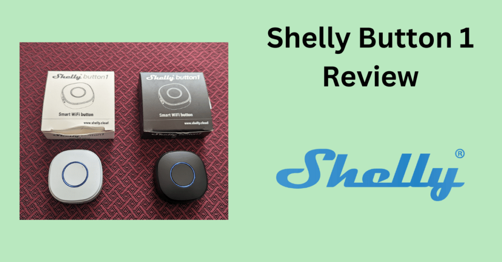 Shelly Button 1 in black and white with logo and Shelly Button 1 Review title.