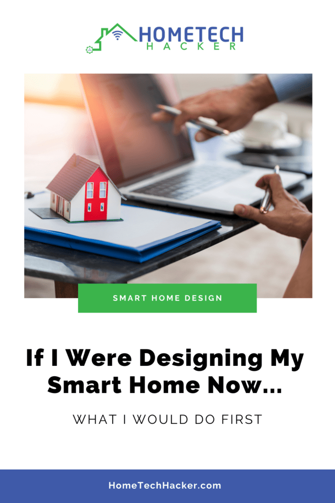 Pinterest pin showing a person with a computer designing the perfect smart home from scratch