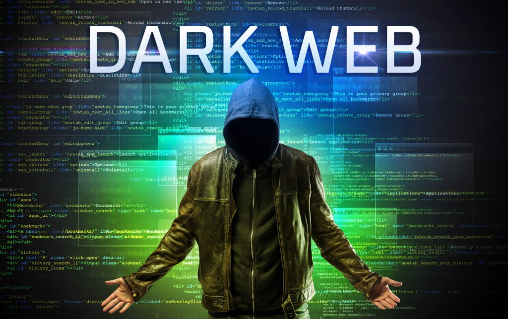 Dark Web title with hoodied man and code and windows behind him
