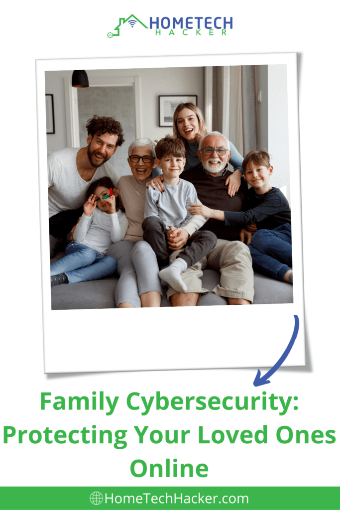 Family Cybersecurity Pinterest Pin with multigenerational family in a polaroid picture