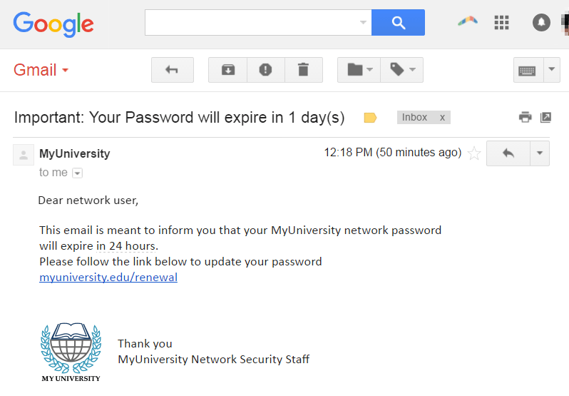 Gmail message with a Phishing example