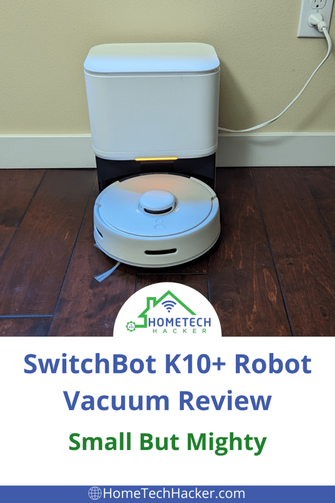 SwitchBot K10+ Robot Vacuum Review: Small But Mighty Pinterest pin with robot vacuum in picture
