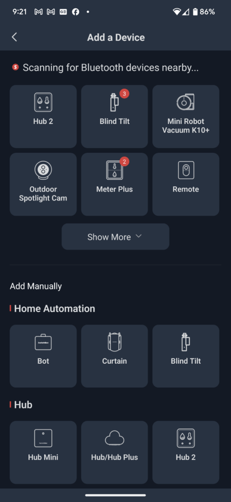 SwitchBot K10+ app setup initial screen in app