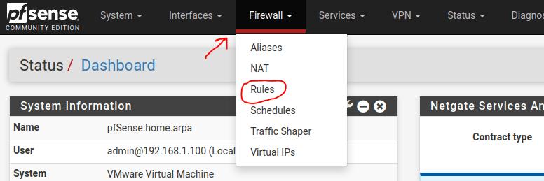 selecting rules in the pfSense firewall menu
