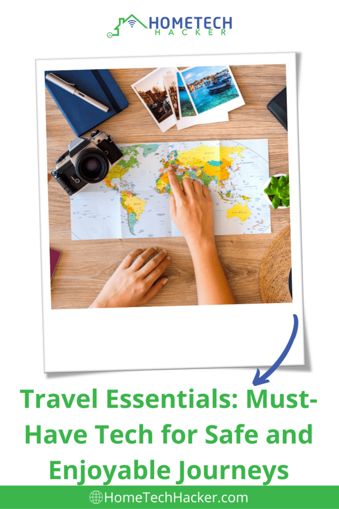 tech travel essentials pinterest pin with polaroid photo including map, camera and other travel essentials