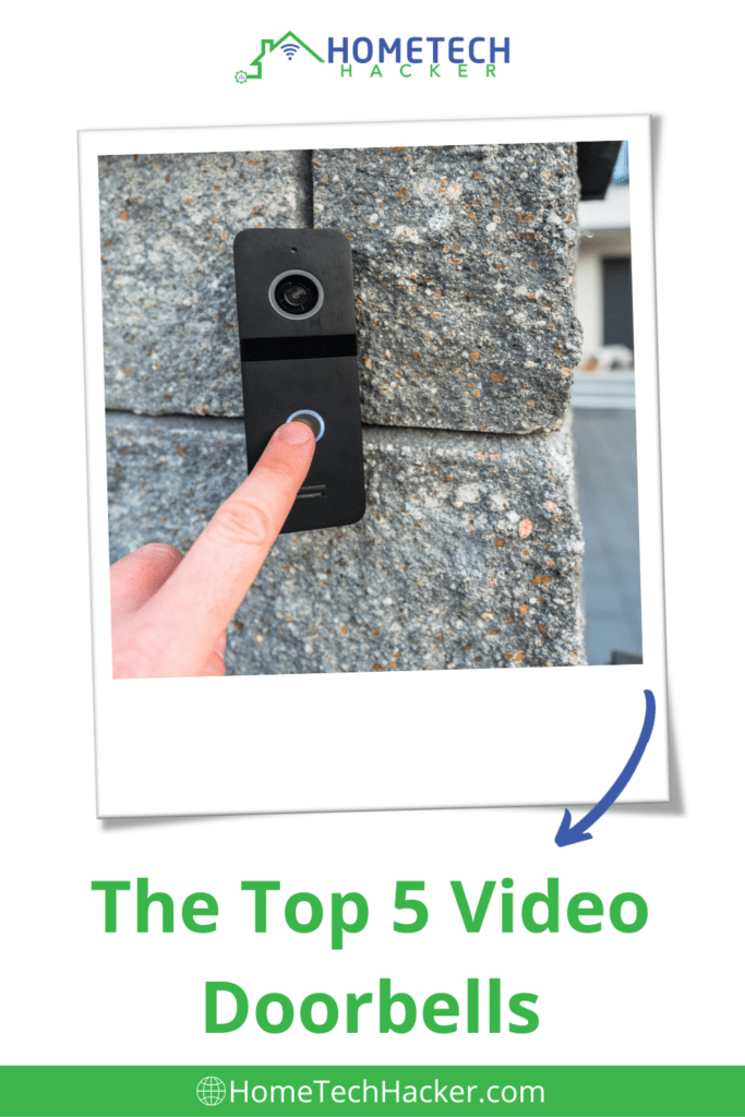 video doorbell pinterest pin with person pressing doorbell button