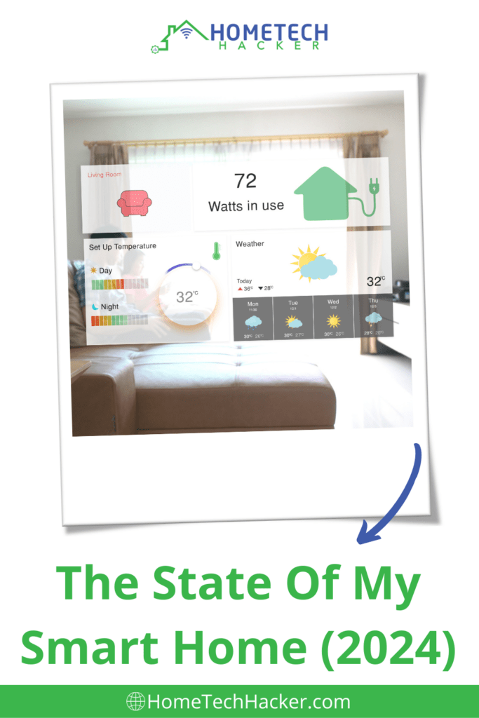 The state of my smart home pinterest pin with the inside of a smart home and a dashboard of smart home state