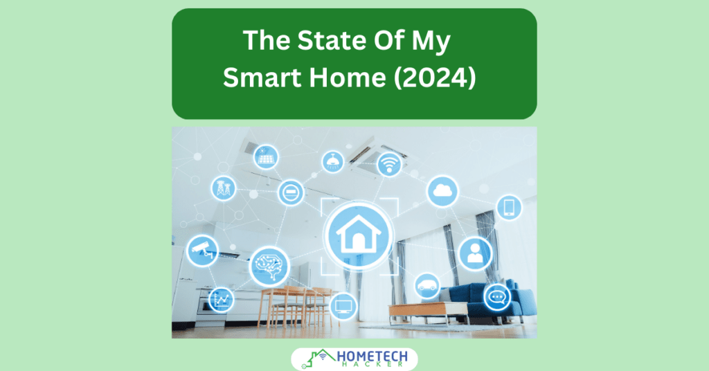inside of Smart home with links to different smart features represented by a network of nodes
