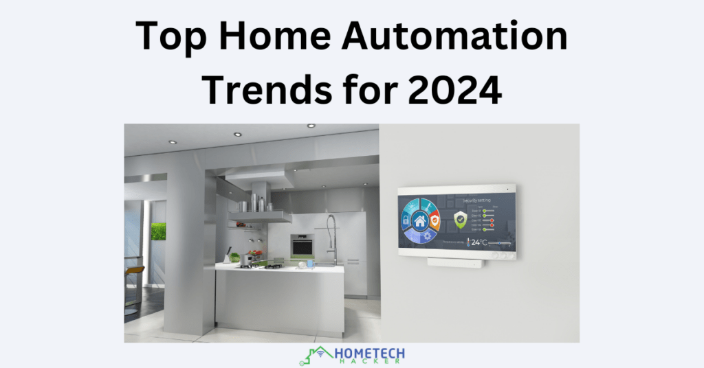 Home automation trends Feature image showing a nice kitchen and part of a dining room with a smart home control panel on the wall