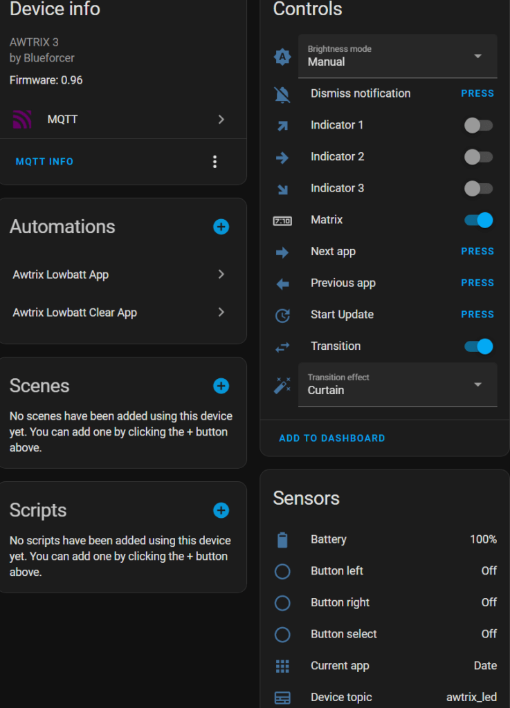 Awtrix LED device in Home Assistant