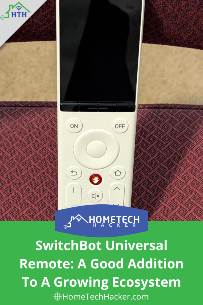 SwitchBot Universal remote Pinterest Pin with remote on image and title of article on a green background