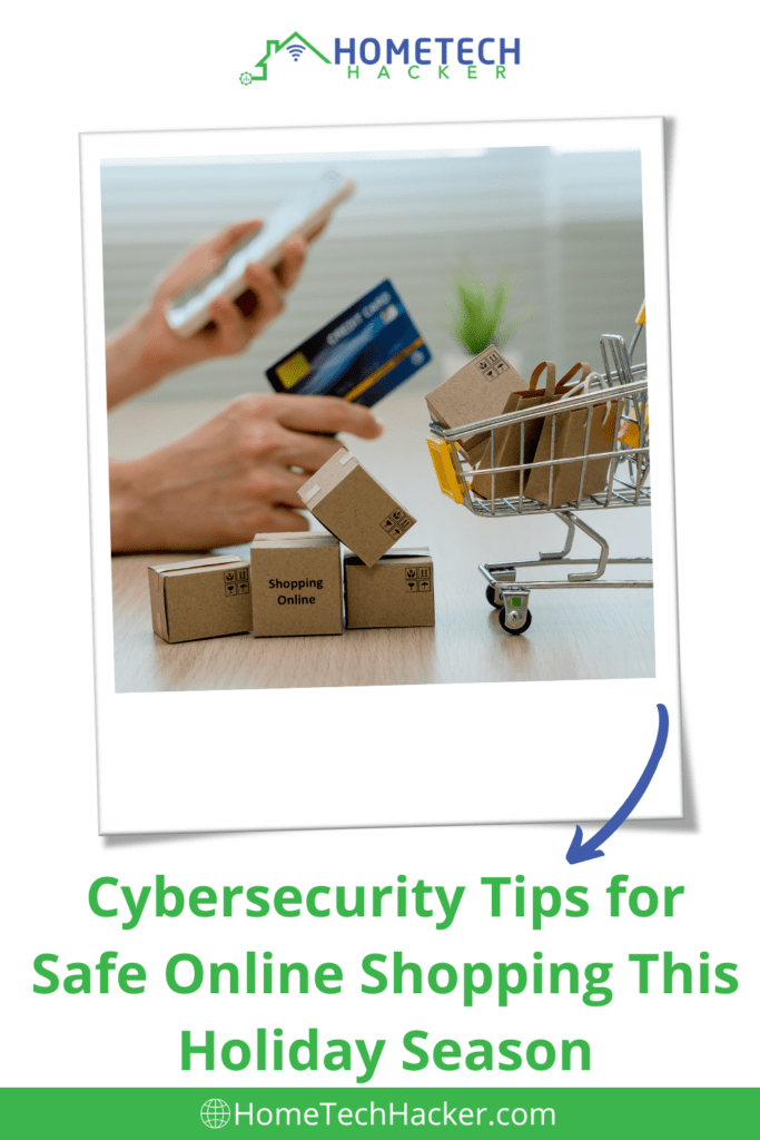 Article title Pinterest Pin image with person holding a smart phone and credit card with a mini shopping cart and mini boxes with the text "shopping online" on the box