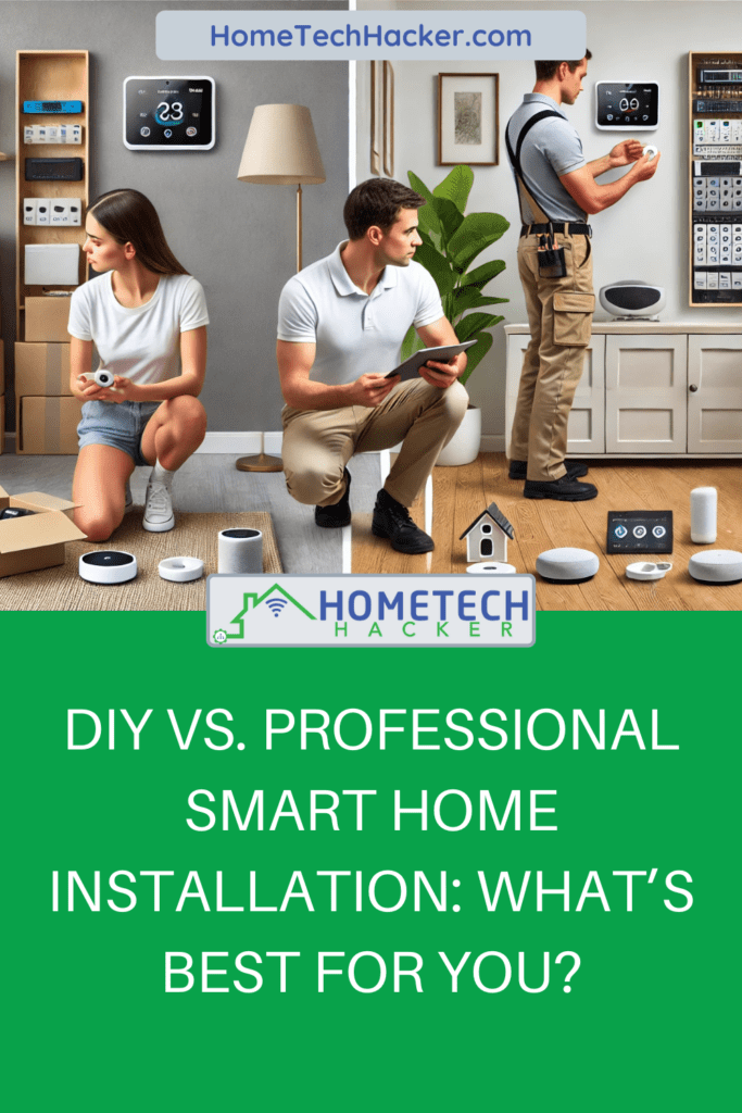 A woman doing a DIY smart home installation on one side with two professionals doing smart home installation on the other along with the article title and HomeTechHacker Logo in a pinterest pin resolution