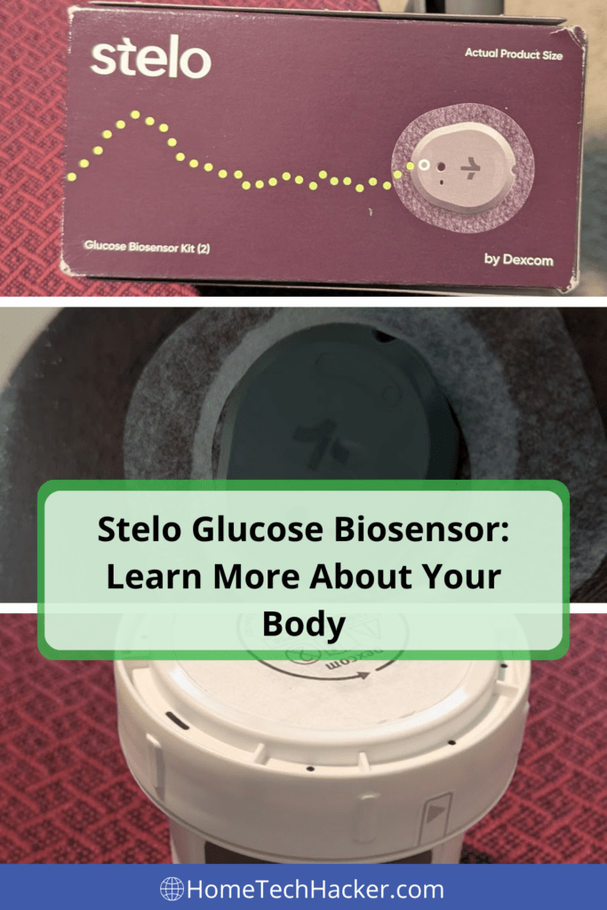 Stelo Glucose Biosensor in box, attached to arm, and applicator with article title in Pinterest Pin format