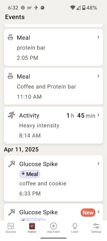 The events page of the Stelo App