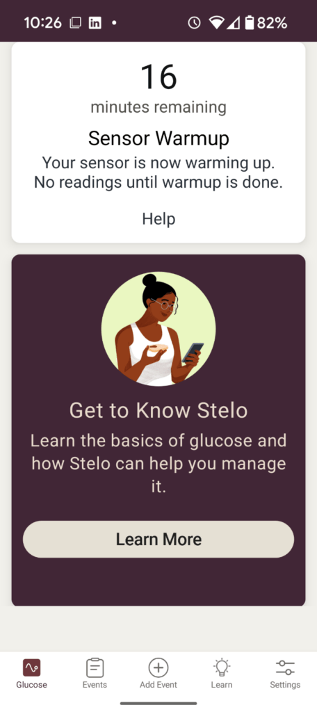 The initial warmup page of the Stelo App