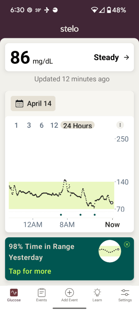 The home page of the Stelo App