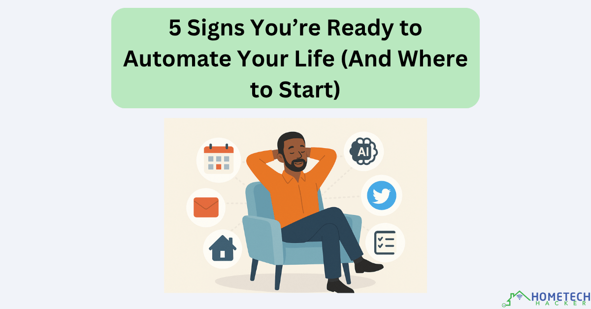Illustration of a relaxed man sitting in a chair, surrounded by icons representing task automation, AI, email, social media, home management, and scheduling—symbolizing a simplified and organized lifestyle through automation.