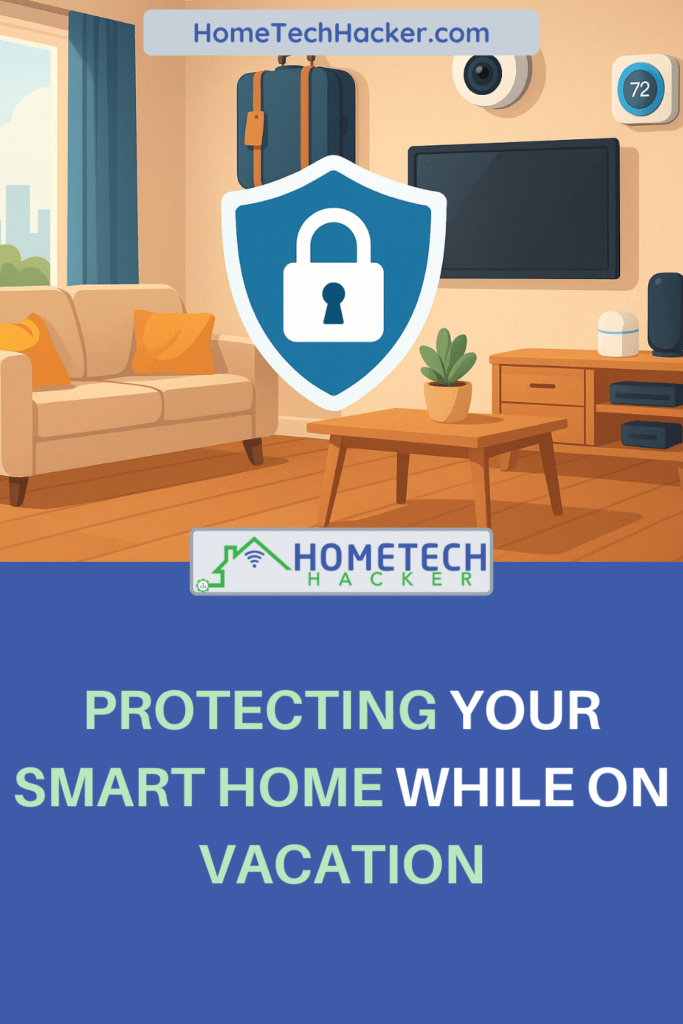 Cybersecurity Shield with lock on it in the middle of a living room with smart devices like a thermostat, camera, speaker, and TV.