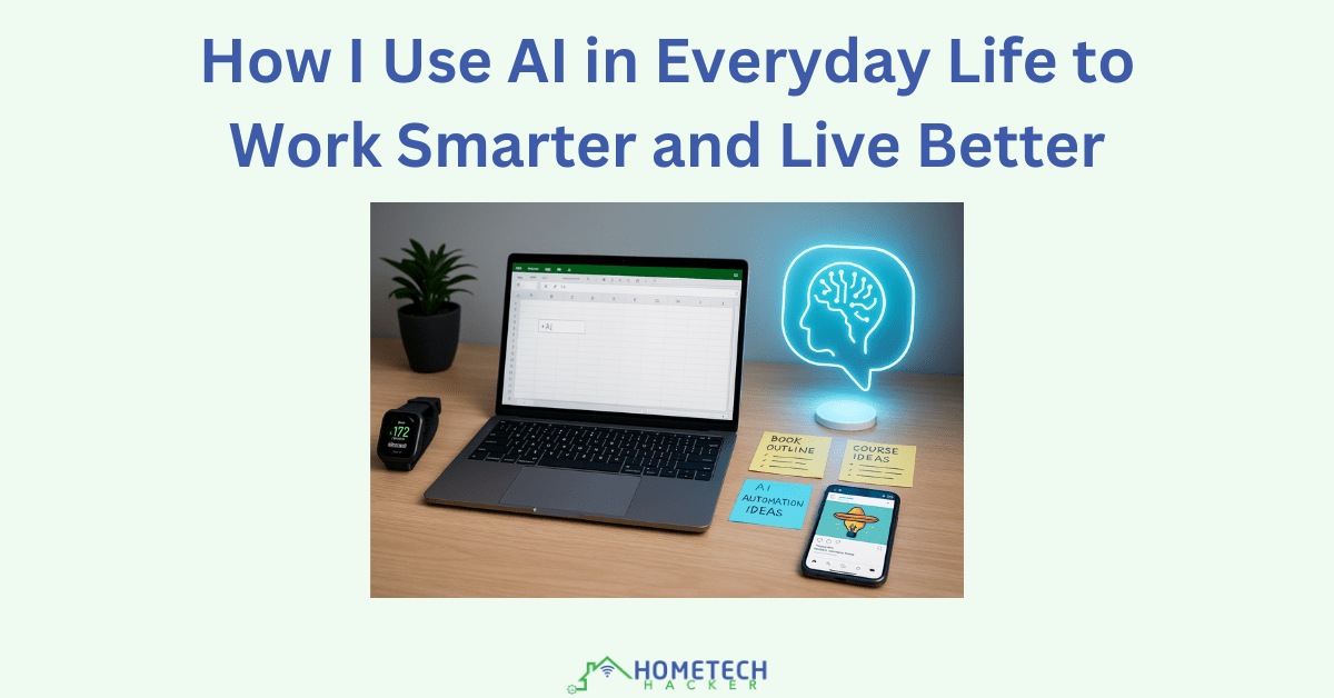 A digital illustration showing a modern desk with multiple screens displaying AI tools, fitness data, code snippets, and content drafts, representing various ways AI is used in everyday life improvement.