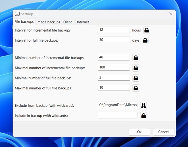 UrBackup screenshot of the interface