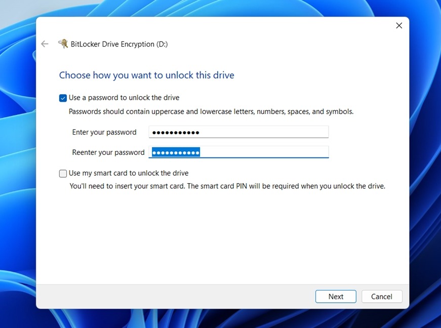 Bitlocker encryption screenshot
