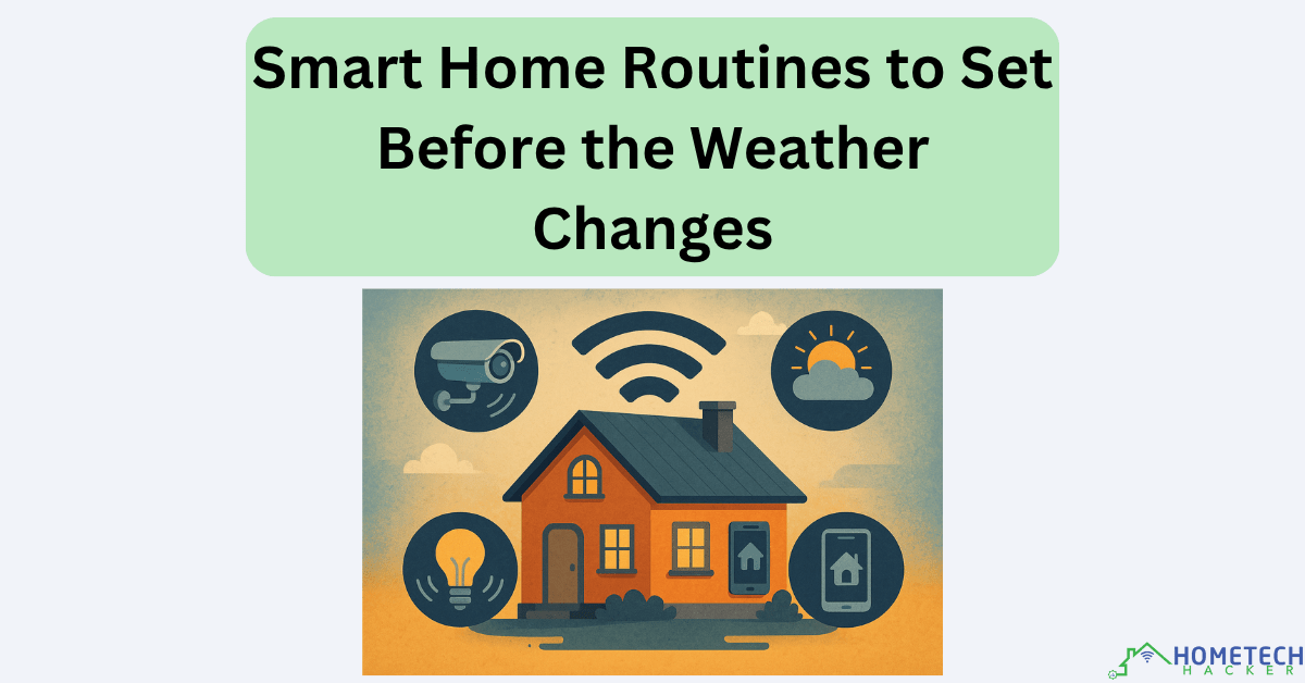 A house with weather, wifi, security and smart home icons around it showing the weather changing to fall.