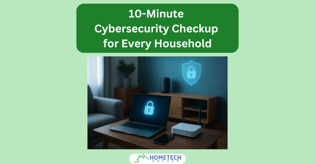 Laptop, smartphone, and Wi-Fi router on a wooden coffee table in a modern living room, with a glowing digital padlock graphic symbolizing cybersecurity projected in the background.