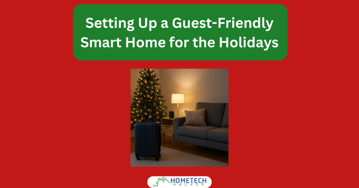 Smart home ready for holiday guests with ambient lighting, suitcase by sofa, and smart devices visible.