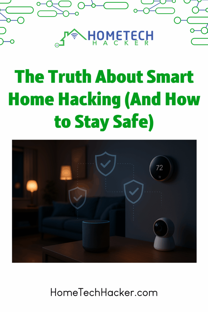 Modern smart home living room at night featuring connected devices like a smart speaker, thermostat, and camera, with glowing digital shield icons symbolizing cybersecurity and protection. Pinterest Pin