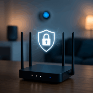 Sleek black Wi-Fi router on a wooden desk with glowing digital padlock icon above it, symbolizing smart home network security, with blurred smart devices in the background.