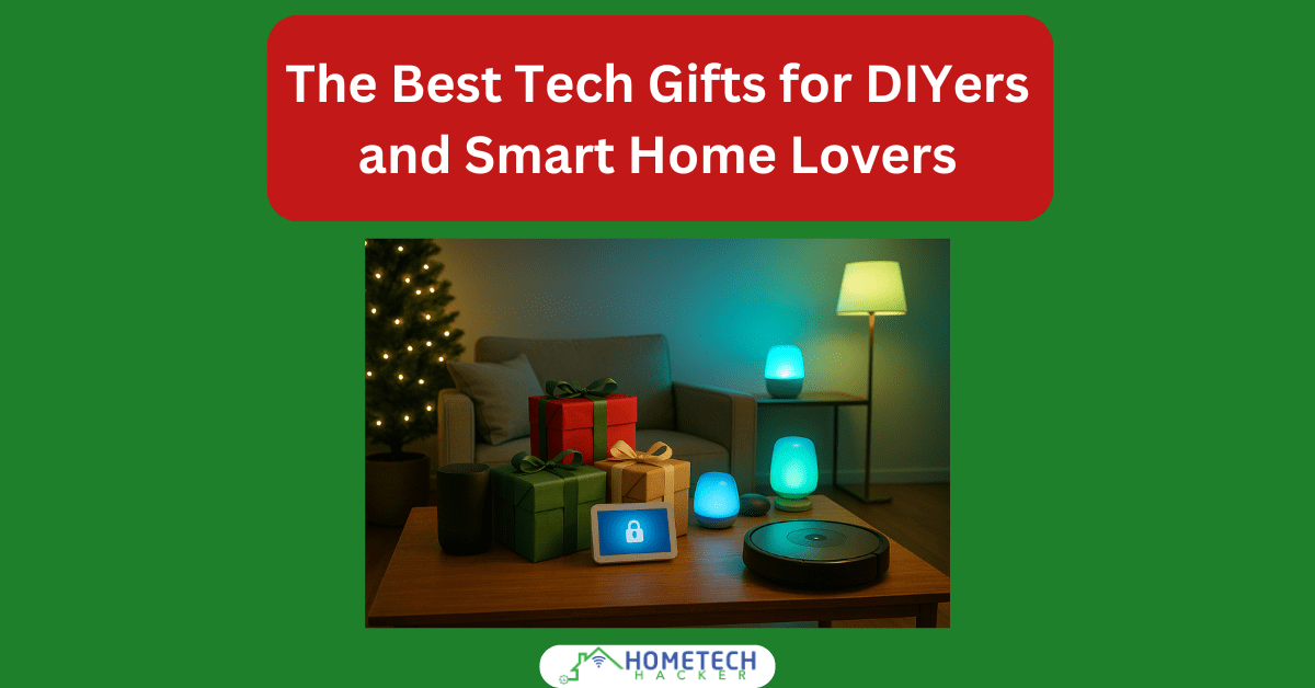 Smart home gift scene with wrapped presents, smart devices, and ambient lighting.