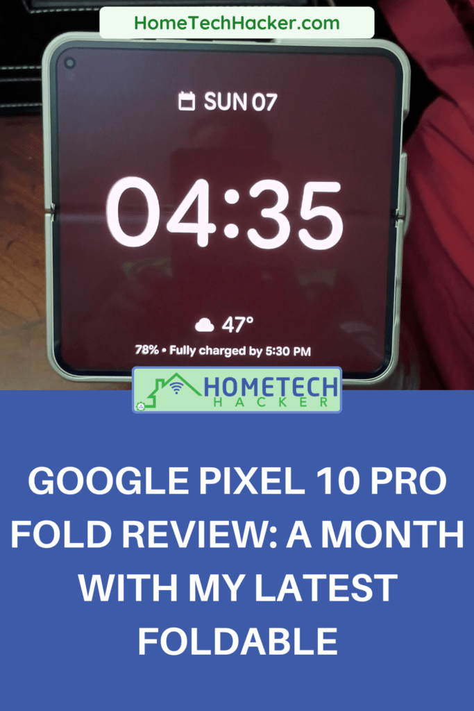 Google Pixel 10 Pro Fold on a stand opened up with title of article in pinterest pin format