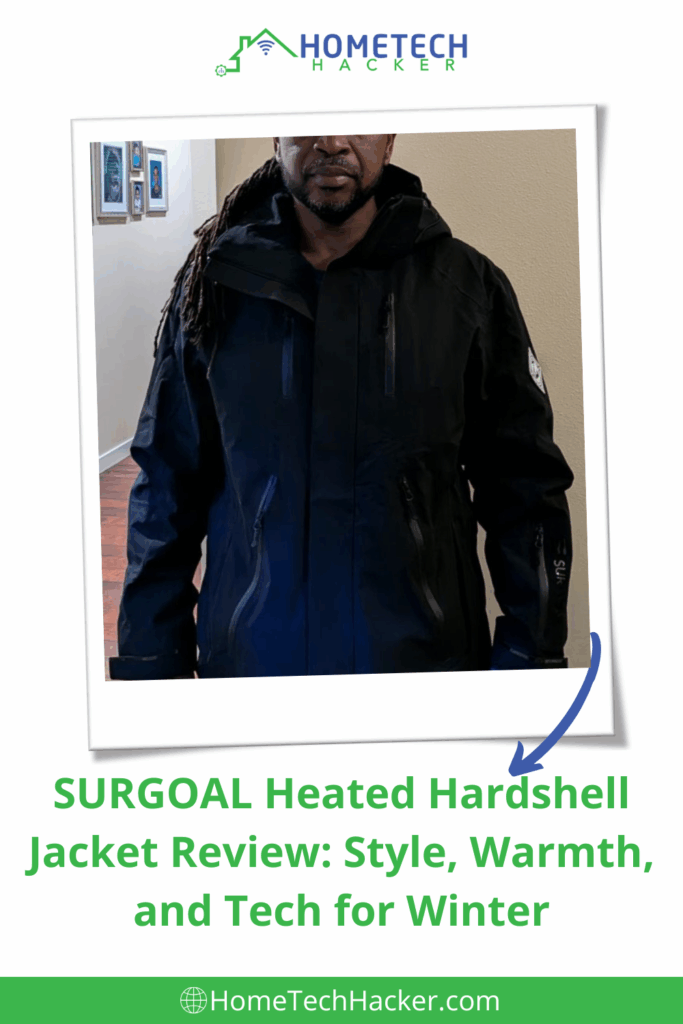 SURGOAL Heated Hardshell Jacket on a body in a room in  pinterest pin format with article title on it 
