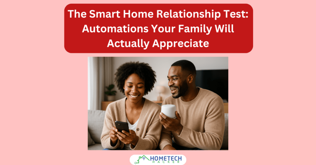 A smiling Black couple sitting together in a modern living room, interacting with smart home technology. The woman holds a smartphone while the man holds a small smart speaker, both appearing relaxed and engaged in a cozy, well-lit space.