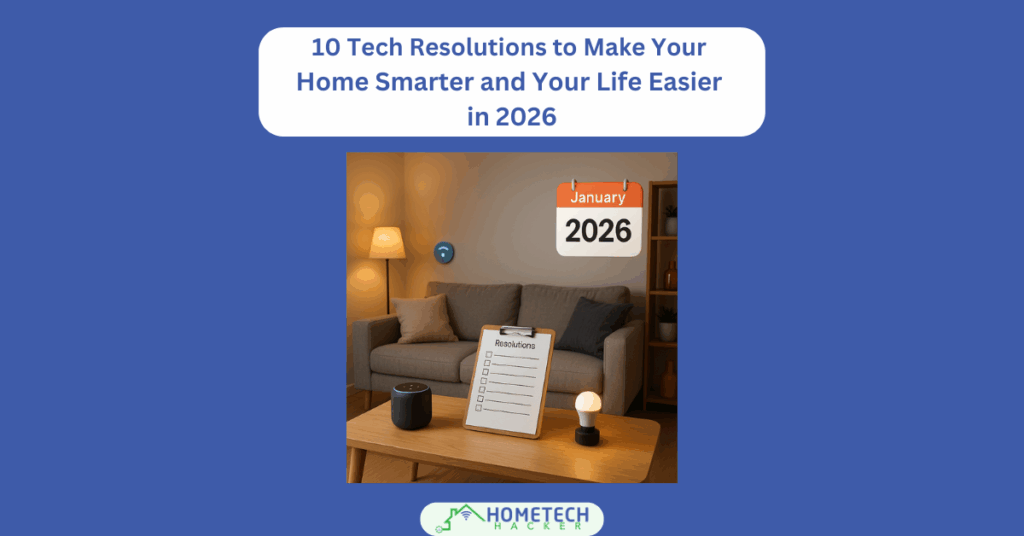 Modern living room with subtle smart devices and warm lighting.