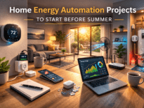 Modern living room with a smart thermostat on the wall, a smart plug connected to a fan, and an energy dashboard on a laptop in soft afternoon light.