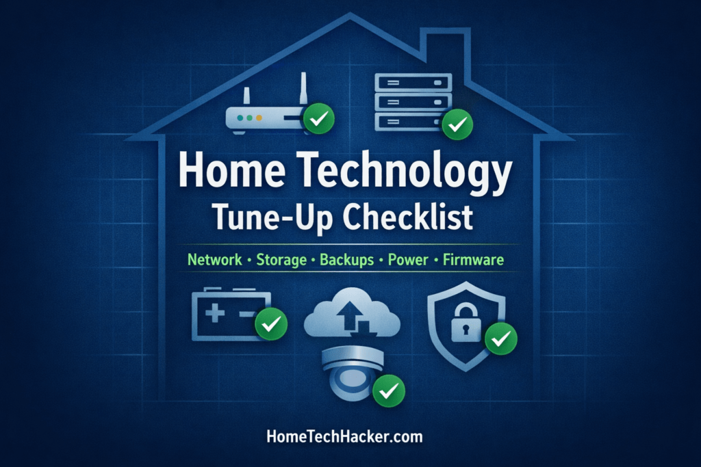 Feature image showing a modern home office setup with a Wi-Fi router, NAS device, security camera, and smart home sensors arranged neatly on a desk, with subtle checkmark icons overlayed to represent a home technology tune-up checklist. The design uses HomeTechHacker’s green and blue brand colors with the title “Home Technology Tune-Up Checklist” prominently displayed.