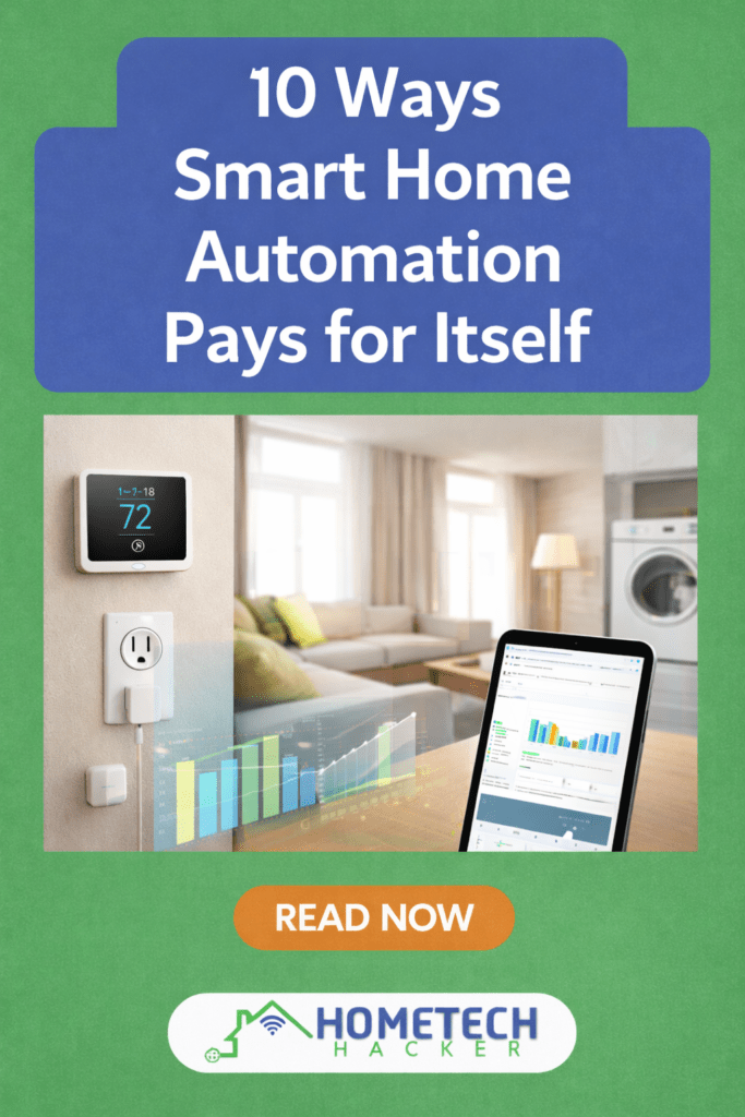 Vertical Pinterest graphic for HomeTechHacker titled “Saving Money with Automation: 10 Ways Smart Home Tech Pays for Itself” featuring smart home devices, energy dashboard visuals, green and blue brand colors, and a bold “Read Now” call to action focused on cutting bills and building automated financial systems.