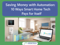 Saving money with automation feature image with smart plug, laptop with energy saving graph, smart thermostat in a living room